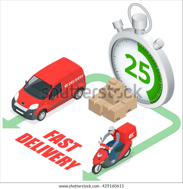 Delivery\
service concept. Fast delivery truck, fast delivery motobike,\
stopwatch. Flat isometric 3d\
illustration