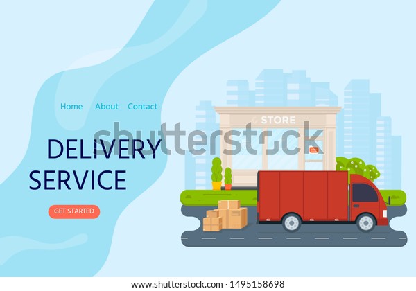 Delivery service concept for landing\
web page, mobile apps with store, parcel and truck. Horizontal web\
banner in flat design with shipping package.\
