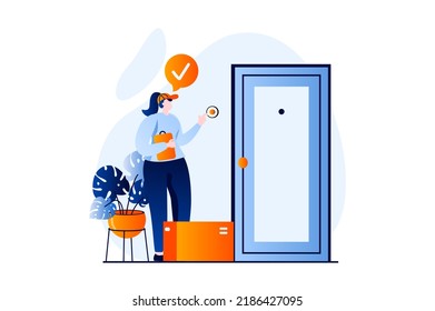 Delivery service concept with people scene in flat cartoon design. Woman courier carrying parcel to door of house and is waiting for client to pay the order. Illustration visual story for web