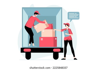 Delivery service concept with people scene in flat design. Man unloading truck and holding postal boxes, warehouse worker accepts new parcels. Illustration with character situation for web - Powered by Shutterstock