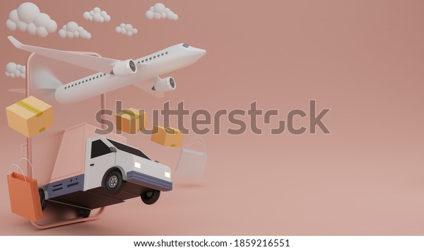 Delivery service concept. Delivery van,\
airplane shipping cargo, shopping bag and brown box shipping fast\
from mobile screen. 3D\
rendering.