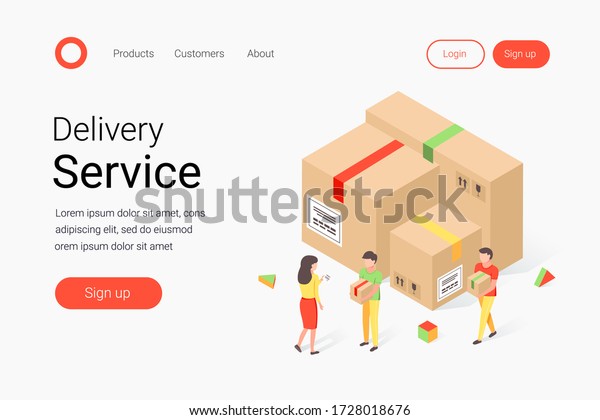 Delivery service isometric concept. Couriers hold\
parcels and stand near large boxes. Landing page template. Trendy\
flat 3d isometric\
style.