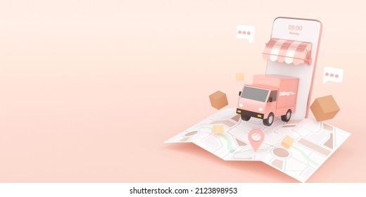 Delivery Service On Mobile Application, Transportation Delivery By Truck, 3d Rendering