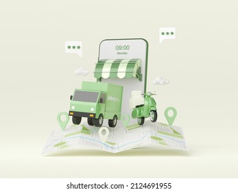 Delivery Service On Mobile Application, Transportation Delivery By Truck Or Scooter, 3d Illustration