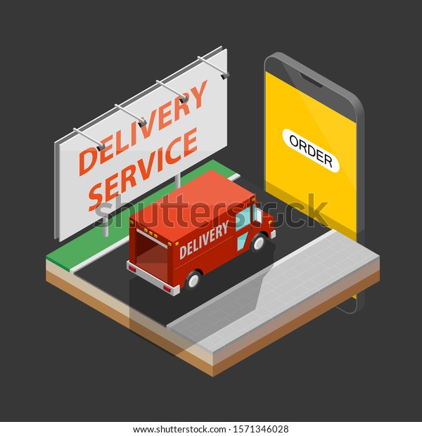 Delivery service van navigation smartphone, phone\
application draw schema isometric delivery cargo truck GPS\
navigation tablet, itinerary destination arrow isometry phone. Low\
poly style vehicle\
truck