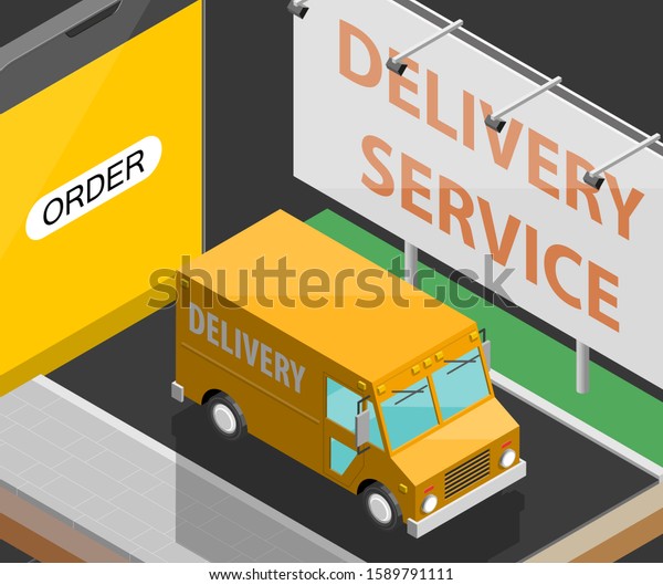 Delivery service van navigation smartphone, phone\
flat drawing schema isometric delivery cargo truck GPS navigation\
tablet, itinerary destination arrow isometry phone. Low poly style\
vehicle truck