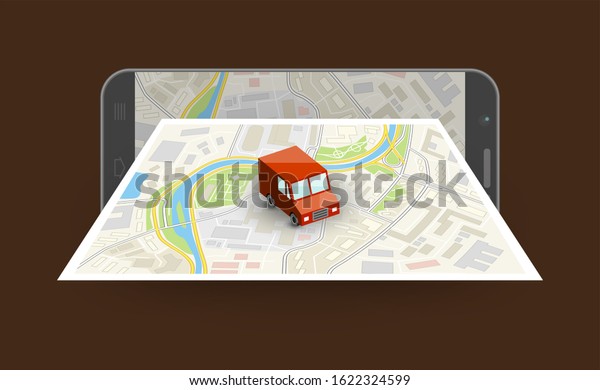 Delivery service van navigation smartphone, phone\
flat drawing schema isometric delivery cargo truck GPS navigation\
tablet, itinerary destination arrow isometry phone. Low poly style\
vehicle truck
