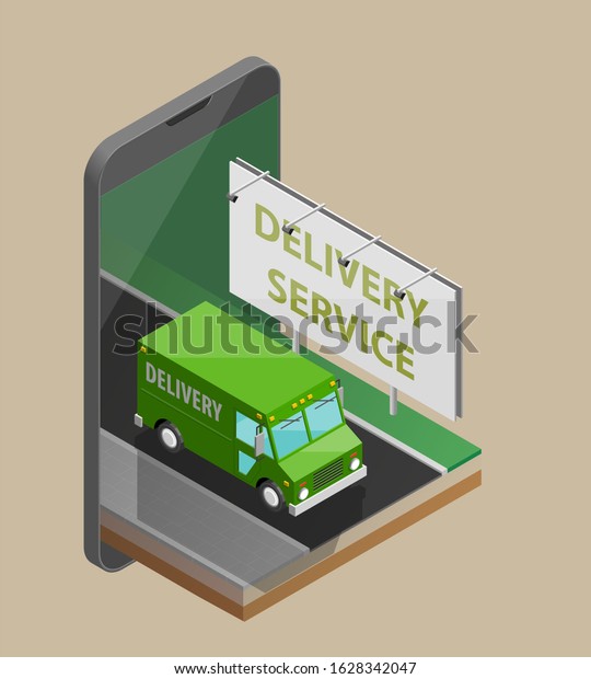 Delivery service van navigation smartphone, phone\
Simple drawing schema isometric delivery cargo truck GPS navigation\
tablet, itinerary destination arrow isometry phone. Low poly style\
vehicle truck