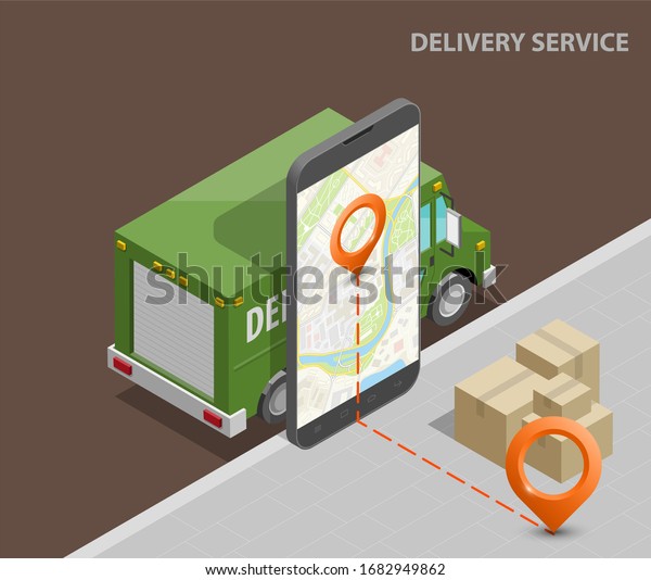 Delivery\
service van and smartphone navigation, phone flat drawing schema\
isometric delivery cargo truck GPS\
navigation