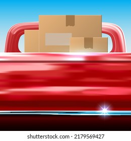 Delivery Template. Car Delivery. Cardboard Boxes In The Back Of A Red Pickup Truck. Space For Text Pickup Tailgate. Copy Space. Layout, Mockup. Back View. Illustration