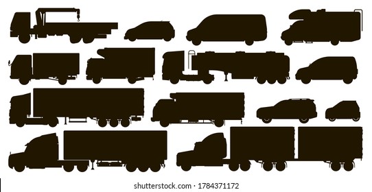 Delivery Transport Set. Cargo And Passenger Transport Silhouettes. Isolated Tanker Trailer, Crane Truck, Van, Automobile, Motorhome, CUV, Micro Car Vehicle Flat Icon Collection. Freight Transportation