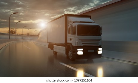 Delivery Truck driving on a highway at sunset backlit by a bright orange sunburst under an ominous cloudy sky. 3d Rendering. - Shutterstock ID 1399251104