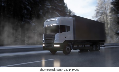 Delivery Truck Driving In Snow On A Forest Road To A City. 3d Rendering.