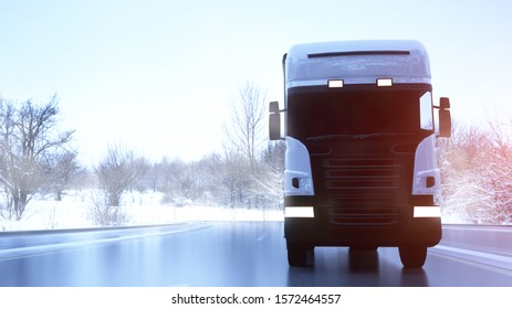 Delivery Truck Driving In Snow On A Forest Road To A City. 3d Rendering.