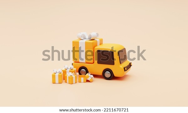 Delivery\
truck with Gift Boxes present surprise or free shipping fast\
delivery car deliver express delivery transportation logistics\
concept background 3d rendering\
illustration