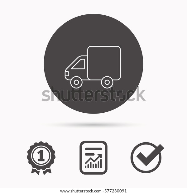 Delivery truck icon. Transportation car sign.
Logistic service symbol. Report document, winner award and tick.
Round circle button with icon.
