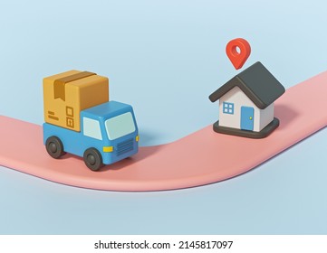 Delivery Truck With Package And House With Location Pin. Online Delivery Service. 3d Rendering