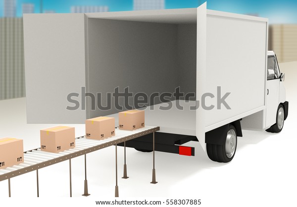 Delivery truck with packages on the\
conveyor, 3d\
illustration