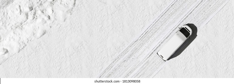 Delivery Truck From Parcel Service On Road With Snow From Above In Winter (3D Rendering)