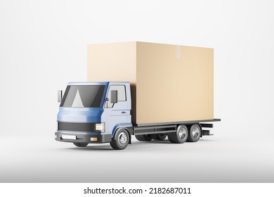 Delivery Van With Big Cardboard Box, Side View, White Background. Concept Of Wholesale Order And Logistics. Mockup Copy Space. 3D Rendering