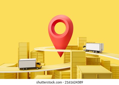 Delivery Van And Big City With Geotag, Online Tracking And Shipping Service On Yellow Background. Concept Of Trucking. 3D Rendering