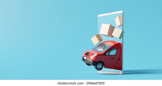 Delivery Van With Boxes On Smartphone. Online Delivery Service Concept. 3d Rendering