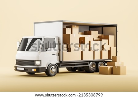 Delivery van with cardboard boxes, side view. Shipping wholesale. Concept of package and cargo. 3D rendering