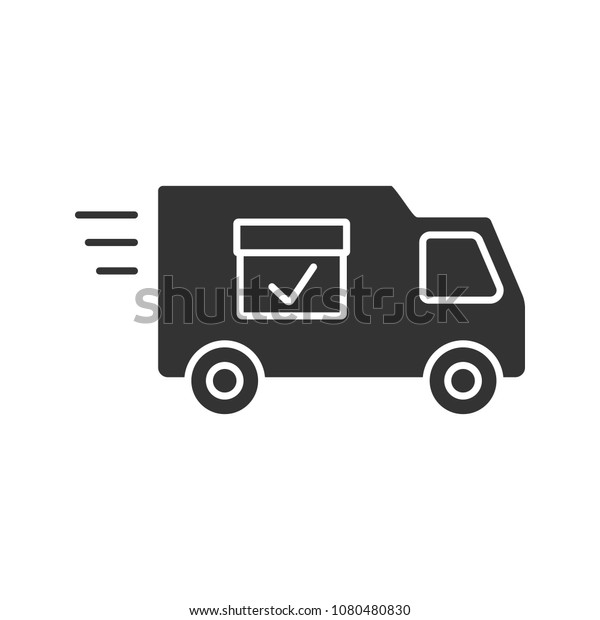 Delivery van with checkmark glyph icon. Fast\
shipping. Freight transport. Silhouette symbol. Negative space.\
Raster isolated\
illustration