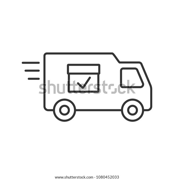 Delivery van with checkmark linear icon.\
Fast shipping. Thin line illustration. Freight transport. Contour\
symbol. Raster isolated outline\
drawing