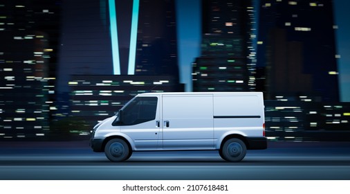 Delivery Van Driving On A City Road At Night In Front Of A Modern Cityscape. 3d Illustration