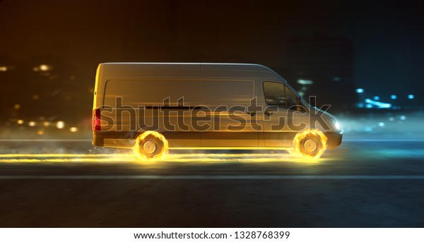 Delivery van with fire\
tires (3D\
Rendering)