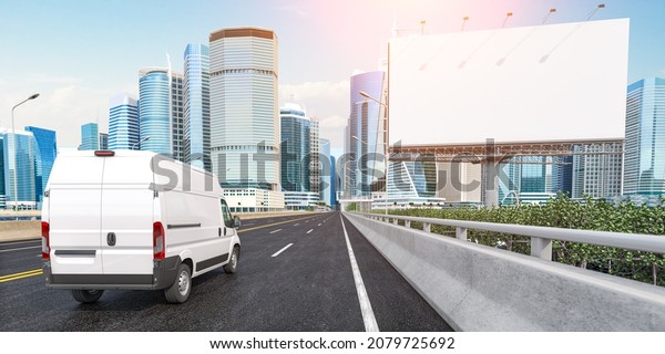 Delivery van moving\
to downtown skyscrapers and empty billboard. Express delivery and\
moving. 3d\
illustration
