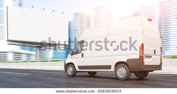 Delivery van moving
to downtown skyscrapers and empty billboard. Express delivery and
moving. 3d
illustration