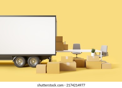 Delivery Van And Office Furniture, Armchair With Desk On Yellow Background. Concept Of Relocation And Company Moving. Mockup Copy Space Truck. 3D Rendering