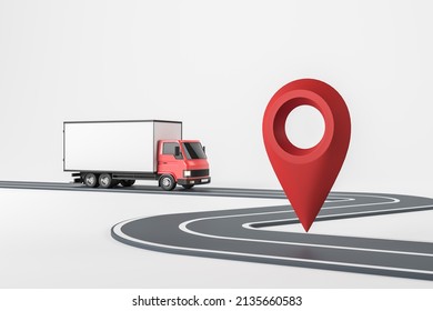 Delivery Van On Asphalt Road, Red Location Pointer On White Background. Concept Of Parcel And Navigation. Mockup Copy Space, 3D Rendering