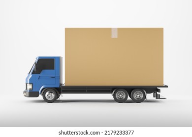 Delivery Van With One Large Cardboard Box, Side View On White Background. Shipping Wholesale. Concept Of Package And Global Logistics. Mockup Copy Space. 3D Rendering