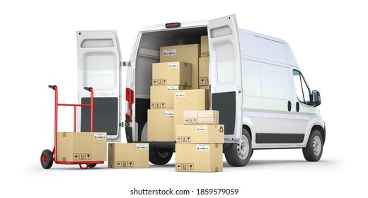 Delivery van with open doors and hand truck with cardboard boxes isolated on white background. Delivery and shipping concept. 3d illustration