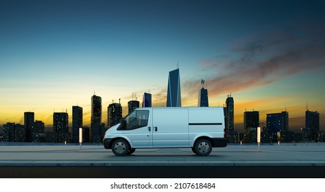 Delivery van park on a city roadside at sunrise in front of a modern cityscape. 3d illustration