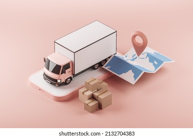 Delivery Van And Smartphone, Worldwide Map With Location Pin. Truck And Cardboard Boxes, Top View. Import And Export. Concept Of Tracking And Mobile App. 3D Rendering