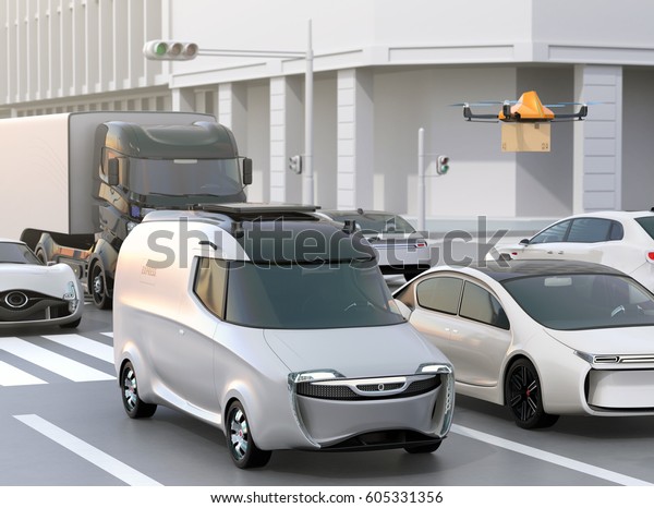 Delivery van stuck in traffic jam. The van\
released a delivery drone to delivering a cardboard parcel. 3D\
rendering\
image.