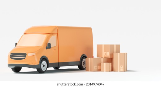 Delivery Van, Yellow Van With Packaging On White Background. Shipping, Delivery Service And Transportation. 3d Render Illustration