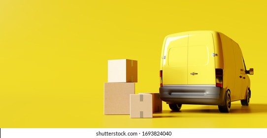 Delivery vans with paper boxes on yellow background. 3d rendering