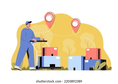 Delivery warehouse concept. Working loader carries parcels on trolley situation. Global logistics, storage people scene. Illustration with flat character design for website and mobile site