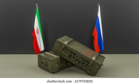 Delivery Of Weapons From Iran To Russia, Package Of Military Aid, Flag Iran And Russia, 3D Work And 3D Image