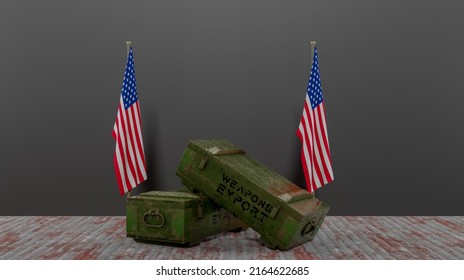 Delivery Of Weapons To USA, Package Of Military Aid, Flag USA, 3D Work And 3D Image