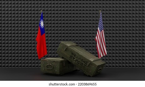 Delivery Of Weapons From USA To Taiwan, Package Of Military Aid In Taiwan, Flag Taiwan And USA, 3D Work And 3D Image.