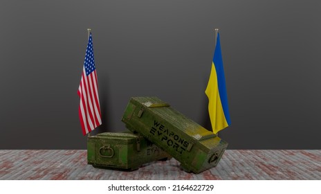 Delivery Of Weapons From USA To Ukraine, Package Of Military Aid, Flag USA And Ukraine, 3D Work And 3D Image