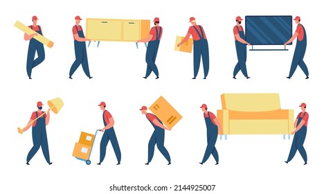 Delivery workers in uniform, loaders carrying boxes and furniture. Characters holding thing, couriers delivering packages  set. Young men moving heavy sofa, television and lamp