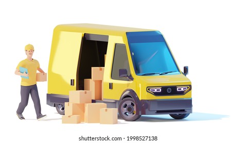 Deliveryman loading cardboard boxes in van. Postal delivery courier man holding cardboard box in front of cargo van delivering package. 3d illustration. Express delivery concept - Powered by Shutterstock