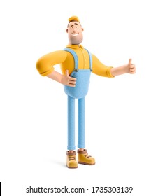 Deliveryman In Overalls Holds Thumb Up. 3d Illustration. Cartoon Character. 